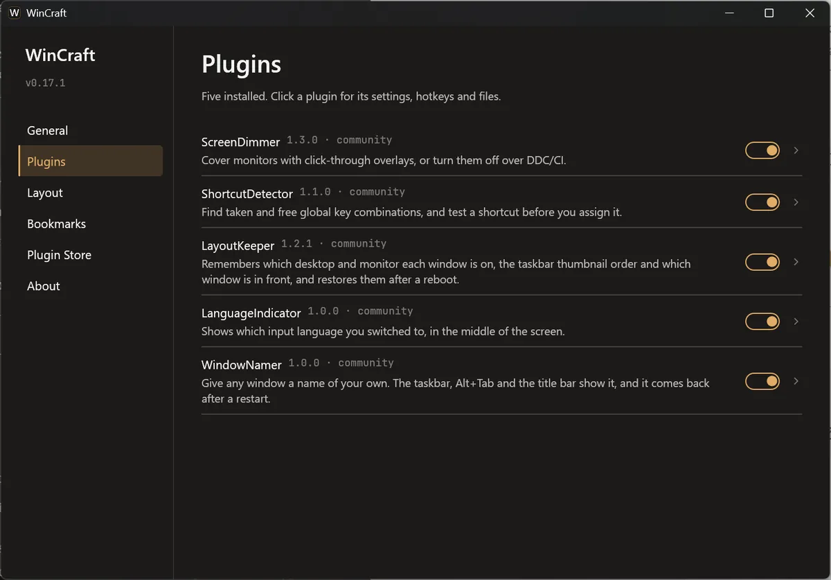The WinCraft settings window on its Plugins page, listing the five plugins