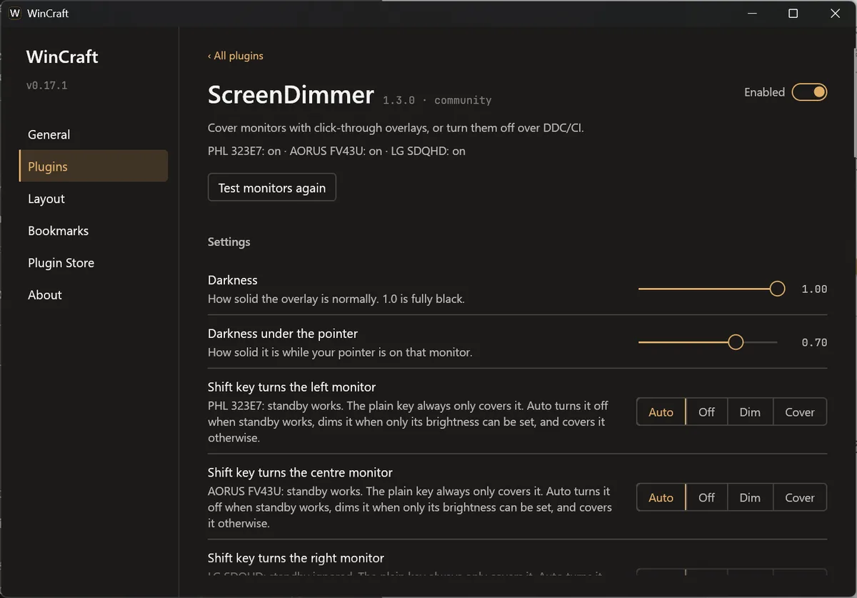 The ScreenDimmer settings page with its options for each monitor