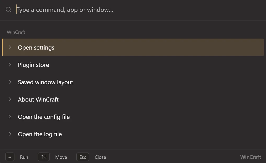 The command palette: a search box over a list of WinCraft commands