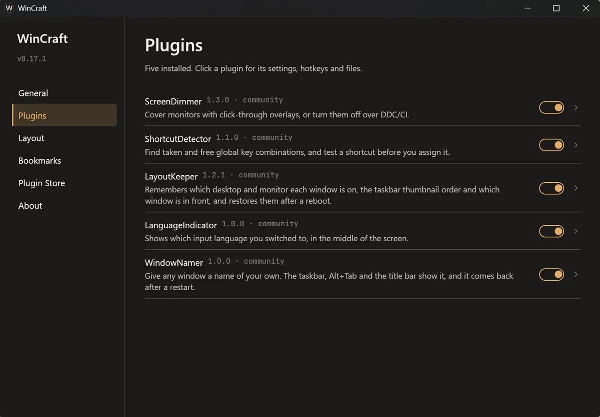 The settings window on its Plugins page, listing the five plugins