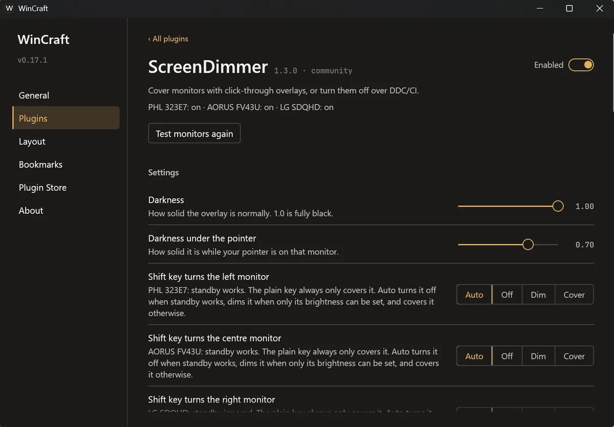 The ScreenDimmer settings page with its options for each monitor